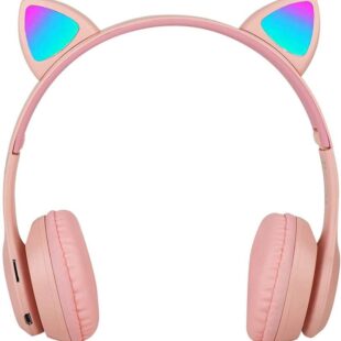 Wireless Headphones Clear Sound 400mAh Battery LED Light Effects Cute Cat Ear Design Adjustable Headband Wireless Foldable Headphones for Music (Pink)