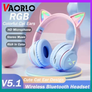 Original Wireless Headphones RGB Cute Cat Girls Kids Gift Headset With Microphone Stereo Music Gaming Headsets Control lights Earphone